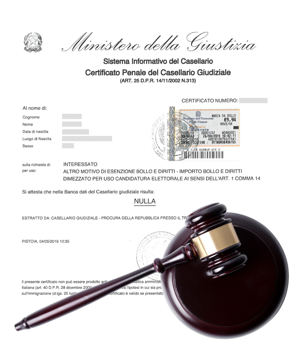 Certificato casellario giudiziale